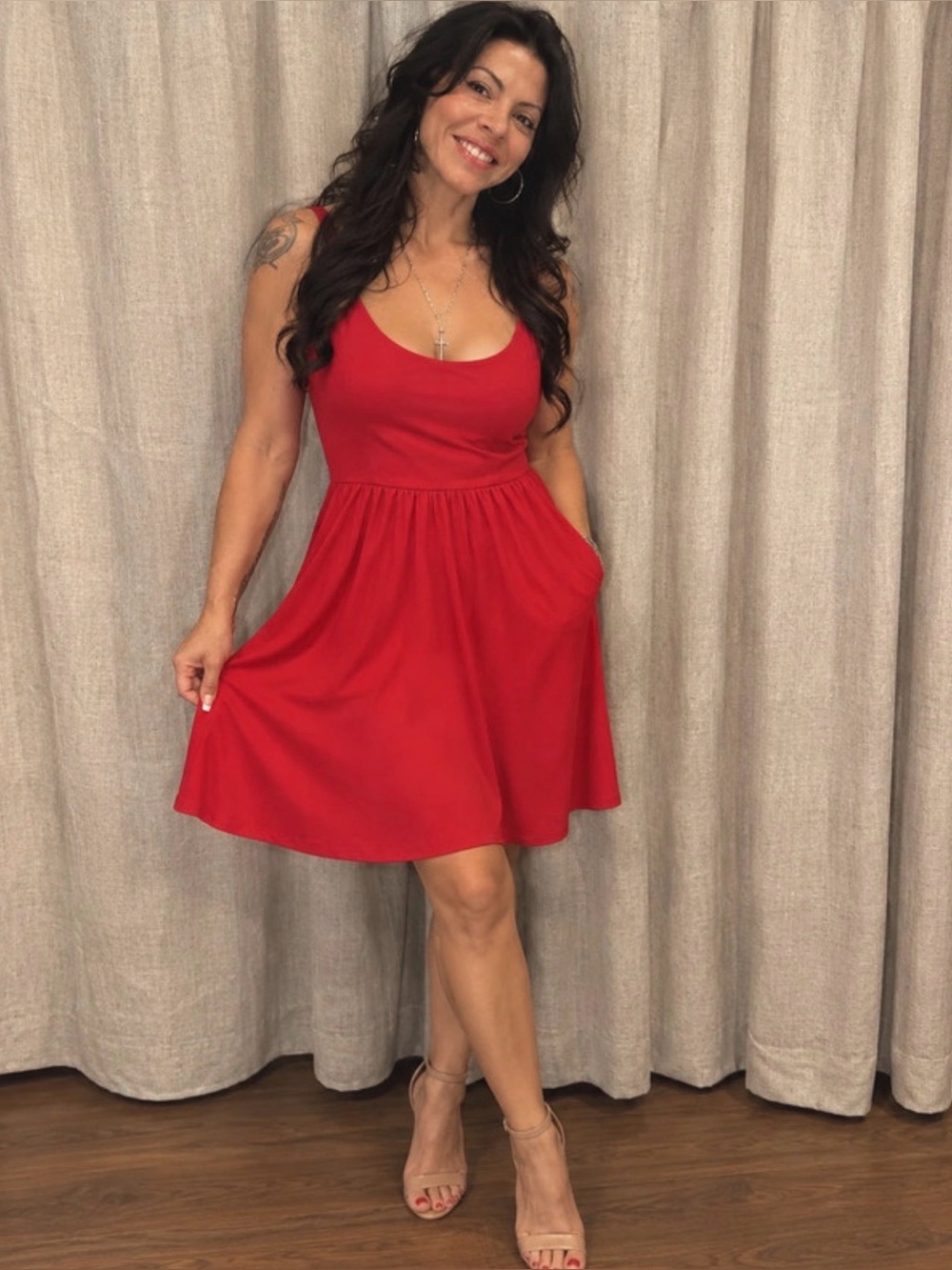 Cynthia Rowley Red Scoop-Neck Pocket Fit-and-Flare Dress